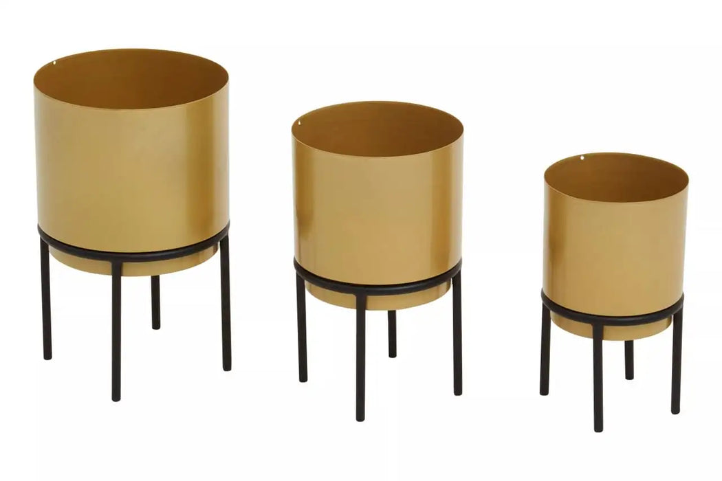 Set of 3 Iron Metal Gold Finish Planters with Black Legs