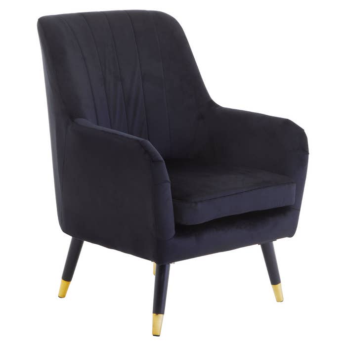 Black Velvet Scalloped Armchair with Black / Gold Legs