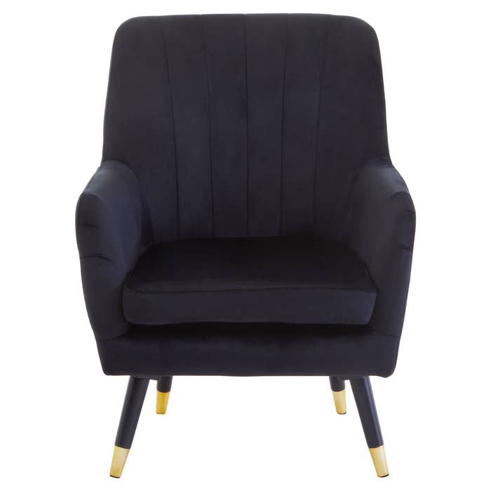 Black Velvet Scalloped Armchair with Black / Gold Legs