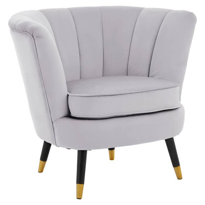 Grey Velvet Scalloped Chair with Black Wood and Gold Legs