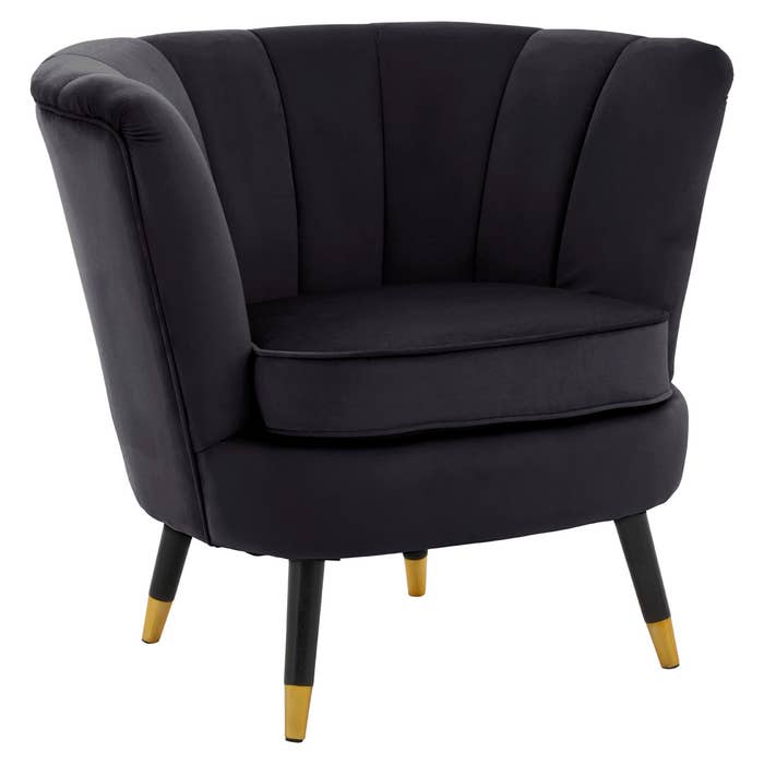 Black Velvet Scalloped Chair with Black Wood and Gold Legs