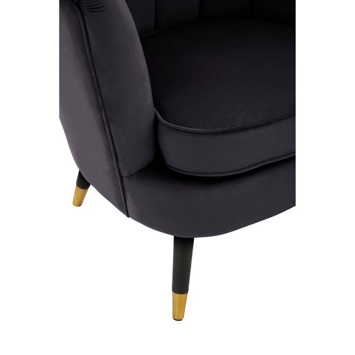 Black Velvet Scalloped Chair with Black Wood and Gold Legs