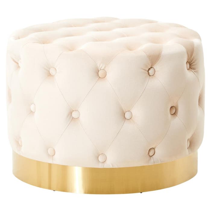 Round Stone Velvet Stool with Matte Gold Base