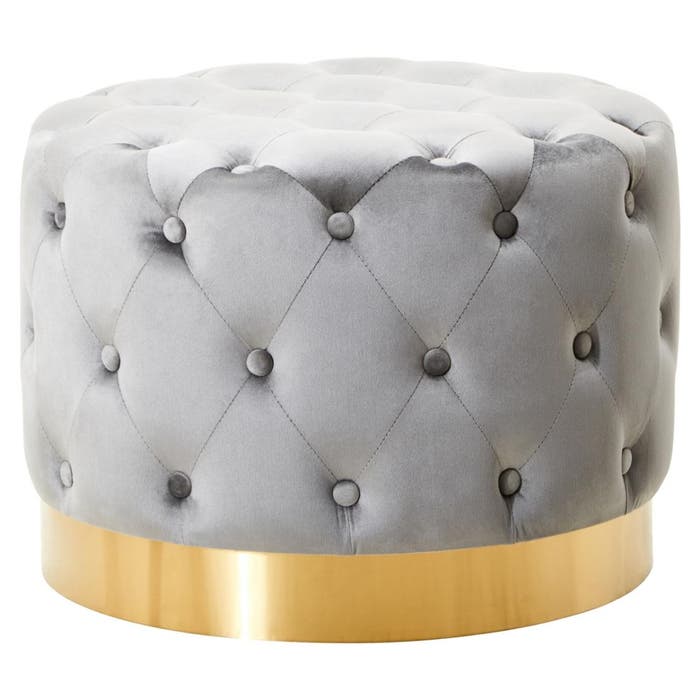 Round Grey Velvet Stool with Matte Gold Base