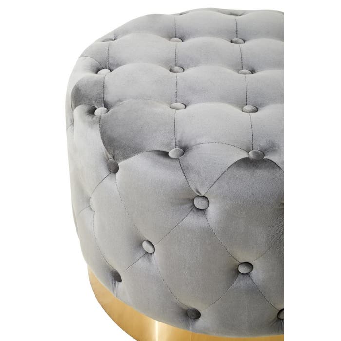 Round Grey Velvet Stool with Matte Gold Base