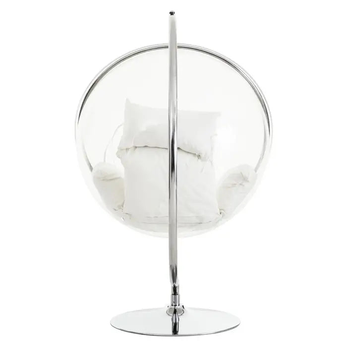 Circular Hanging Chair with Round Silver / Chrome Base with Cream Cushions