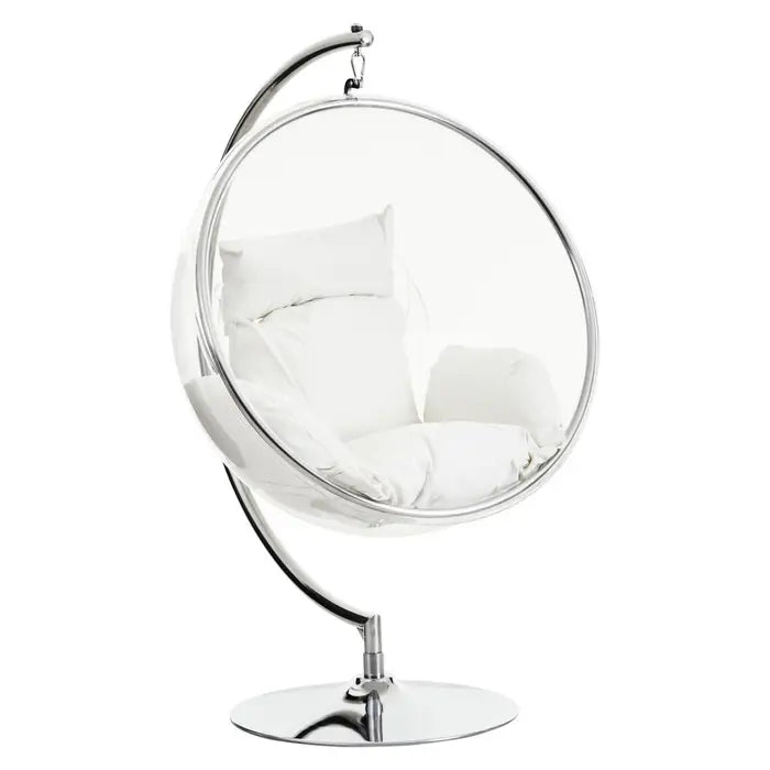 Circular Hanging Chair with Round Silver / Chrome Base with Cream Cushions