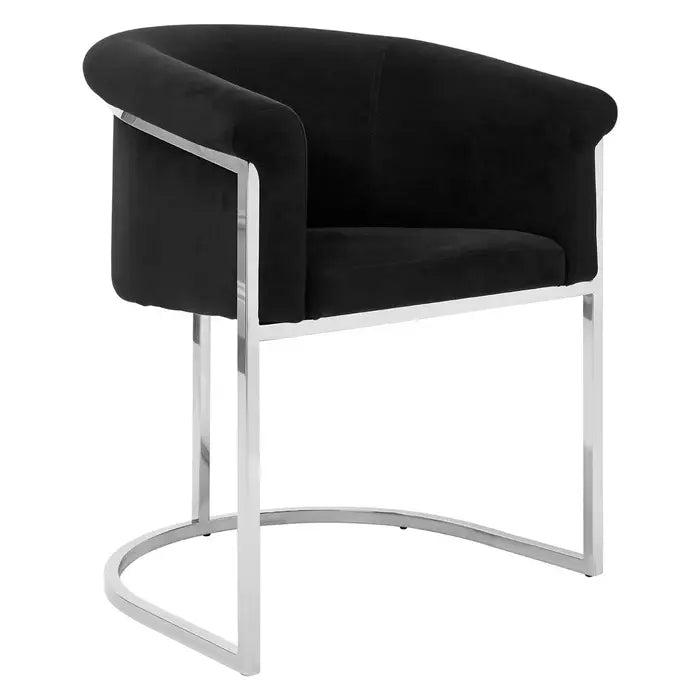 Black Velvet and Matte Silver Tub Design Dining Chair