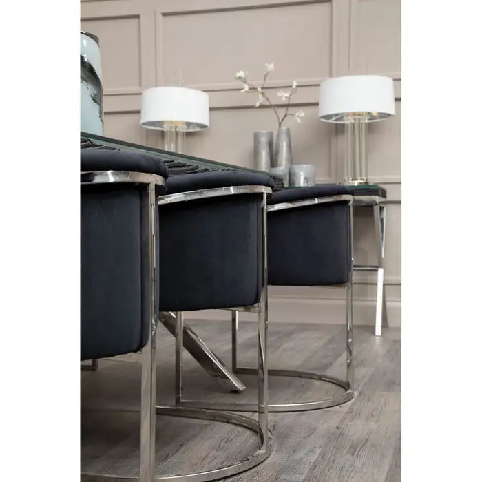 Black Velvet and Matte Silver Tub Design Dining Chair