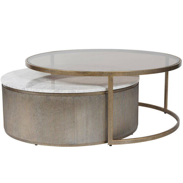 Belvedere Aged Gold Set of 2 Nesting Coffee Tables with Marble and Tinted Glass