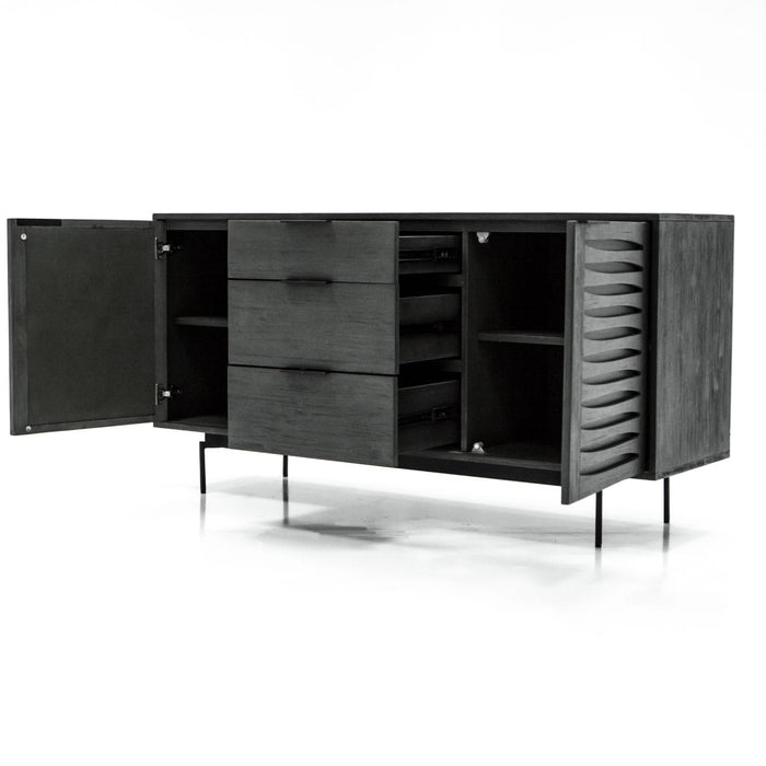 Bronks Black Acacia Buffet Cabinet with Two Doors and Three Drawers