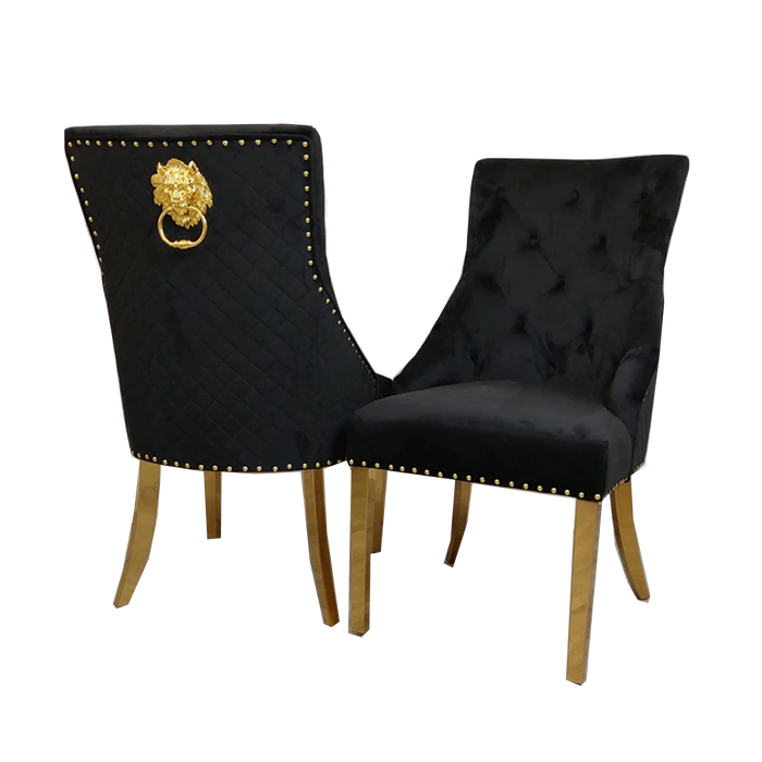 Bentley Lion Knocker Gold Dining Chair - Black Velvet
