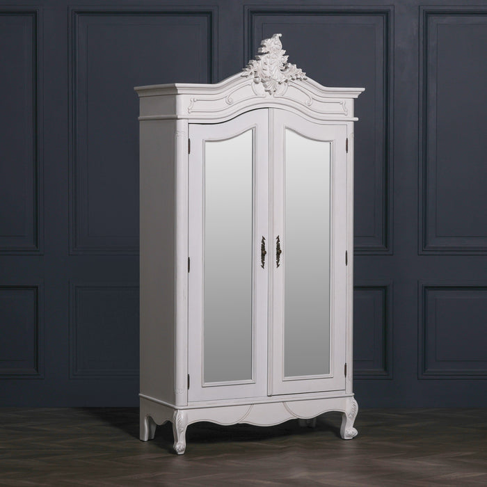 French Style White Carved Double Full Mirrored Armoire Wardrobe