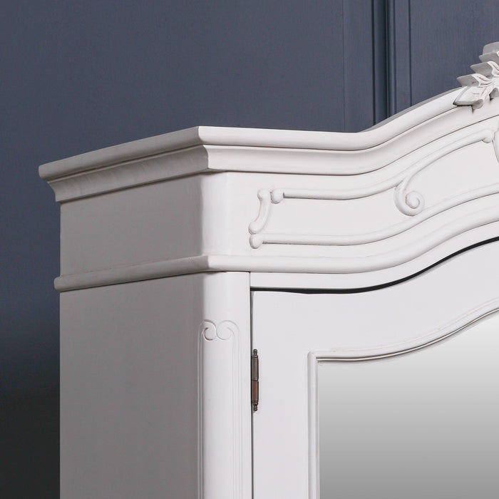French Style White Carved Double Full Mirrored Armoire Wardrobe