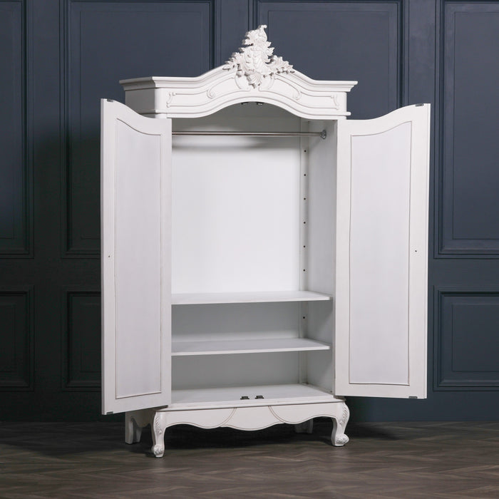 French Style White Carved Double Full Mirrored Armoire Wardrobe