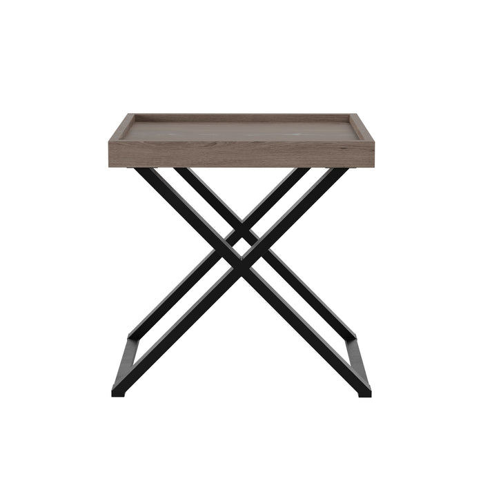 Pershore End Table | Aged Oak with Crossed Black Metal Legs