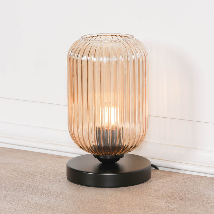 Black Metal Table Lamp with Ribbed Smoked Glass Shade