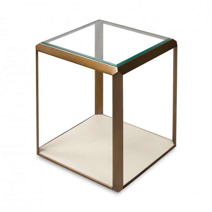 Elmley End Table | Ivory Faux Shagreen Base | Brass and Glass Top