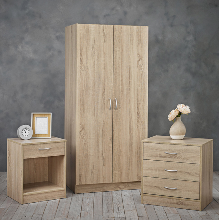 Delta Bedroom Set Oak - 3 Piece (Bedside + Chest of Drawers + Wardrobe)