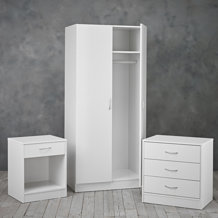 Delta Bedroom Set White - 3 Piece (Bedside + Chest of Drawers + Wardrobe)