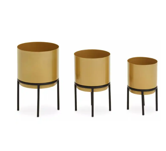 Set of 3 Iron Metal Gold Finish Planters with Black Legs