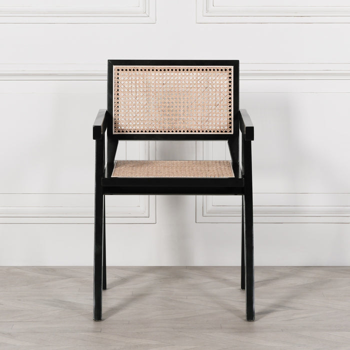 Black Painted Wooden Cane Dining Chair