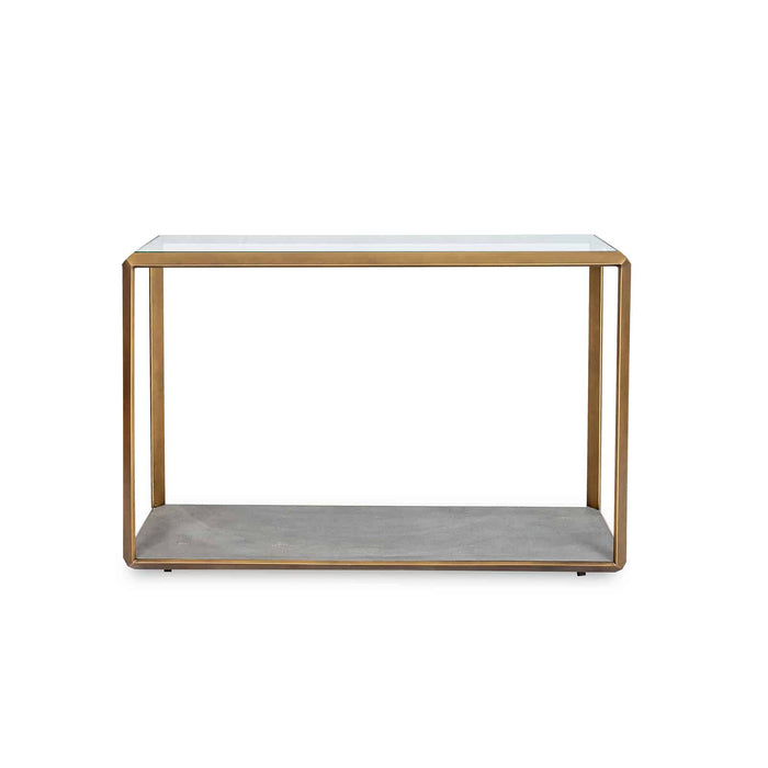 Elmley Console Table | Grey Faux Shagreen Base | Brass and Glass Top