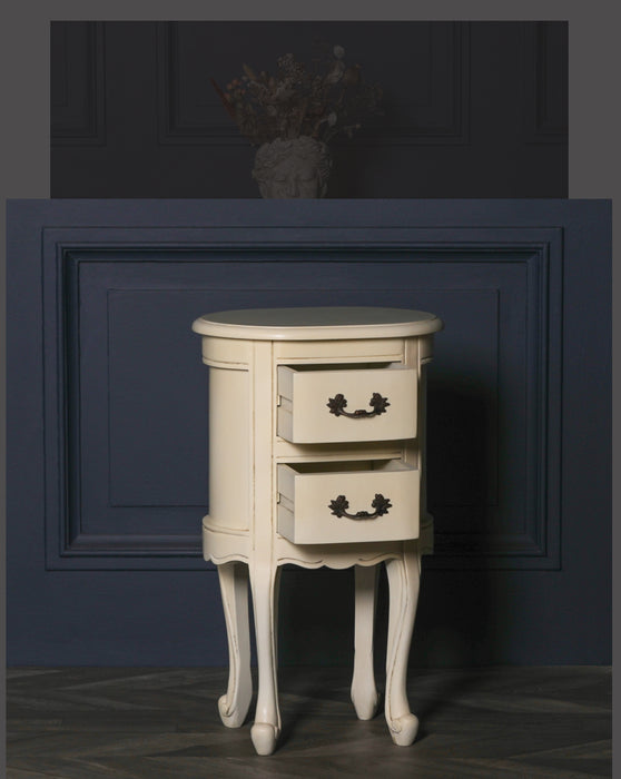 Aged Ivory Oval Bedside Table With 2 Drawers