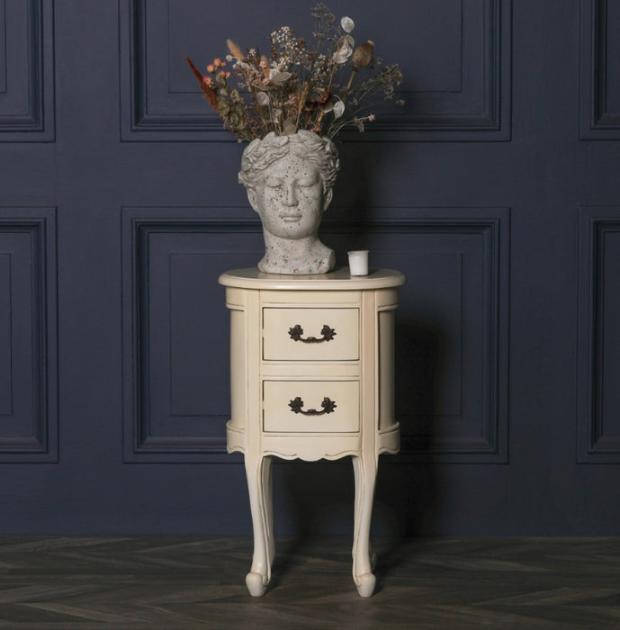 Aged Ivory Oval Bedside Table With 2 Drawers