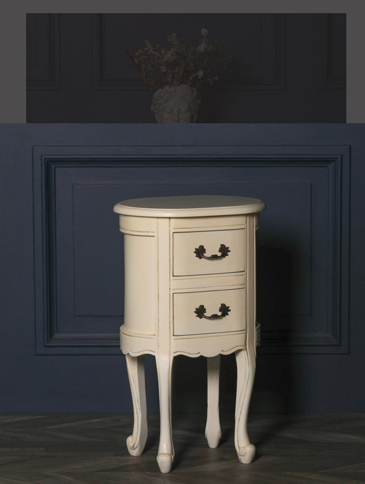 Aged Ivory Oval Bedside Table With 2 Drawers