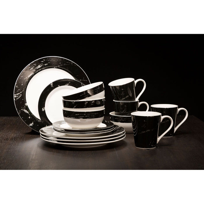 16Pc Black/White Marble Effect Dinner Set - Modern Home Interiors