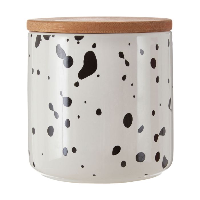 White and Black Speckled Storage Canister with Bamboo Wood Lid