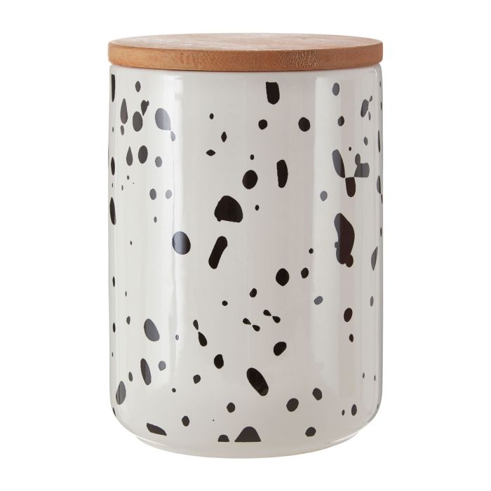 White and Black Speckled Storage Canister with Bamboo Wood Lid