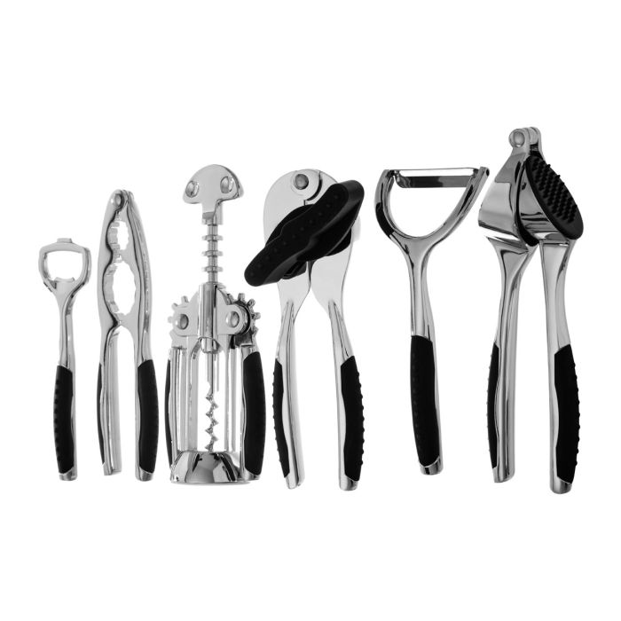 Premium 7 Piece Chrome Silver Finish Kitchen Gadget Set with Wooden Stand