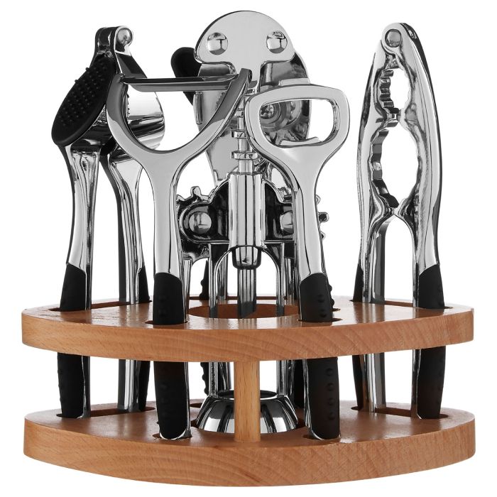 Premium 7 Piece Chrome Silver Finish Kitchen Gadget Set with Wooden Stand