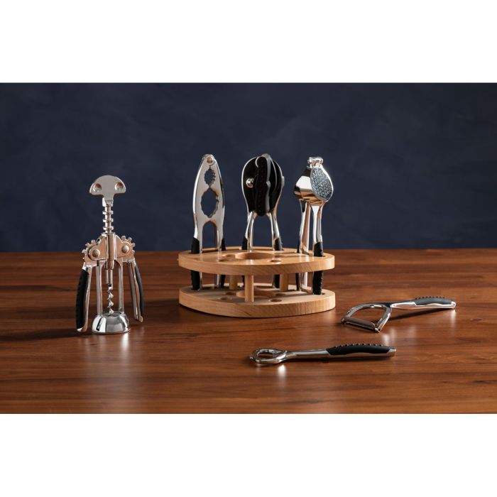 Premium 7 Piece Chrome Silver Finish Kitchen Gadget Set with Wooden Stand