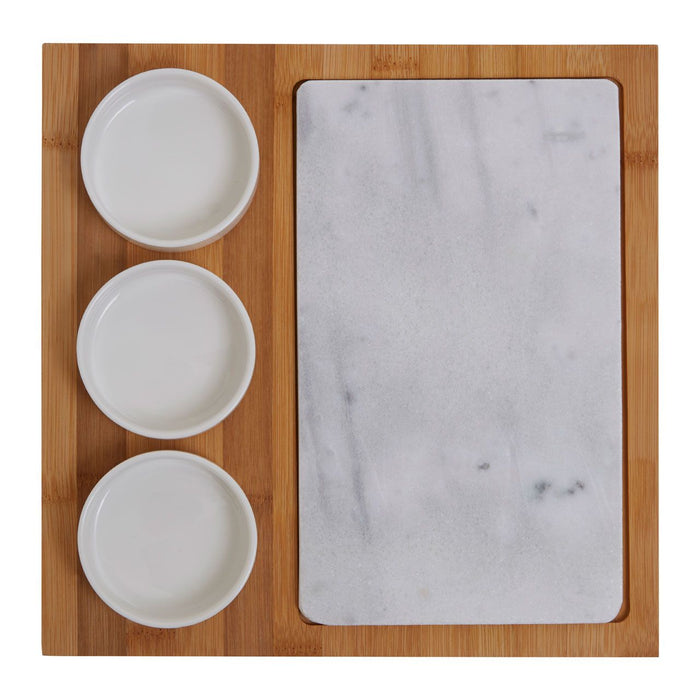 Bamboo Wood White Marble and Ceramic 5PC Set