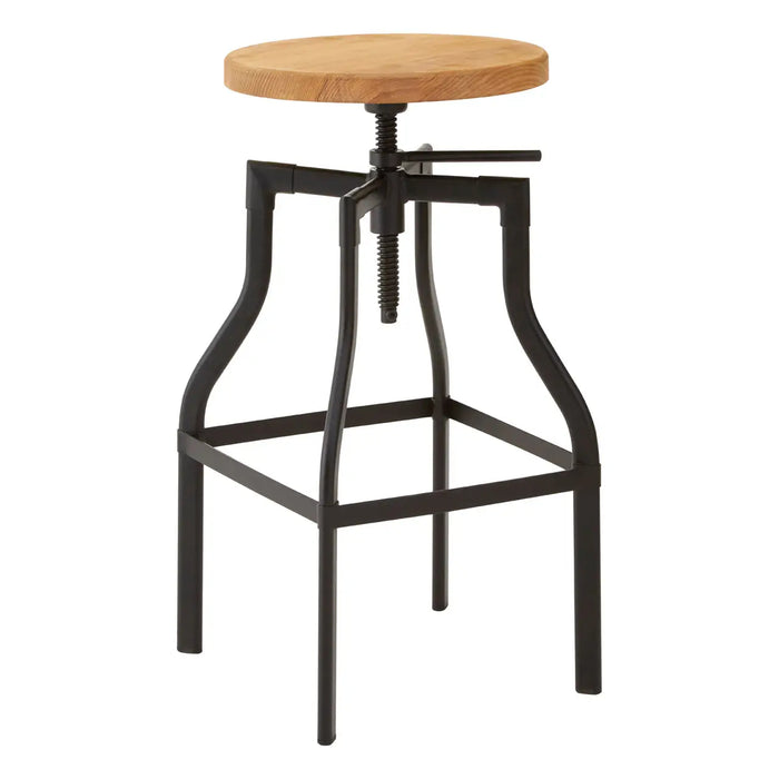 Height Adjustable Ash Wood Seat Industrial Style Bar Stool