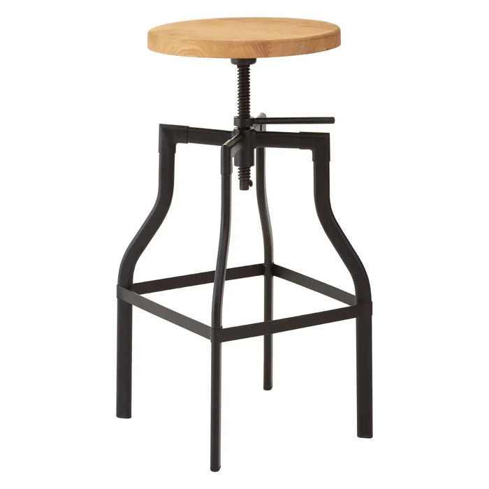 Height Adjustable Ash Wood Seat Industrial Style Bar Stool