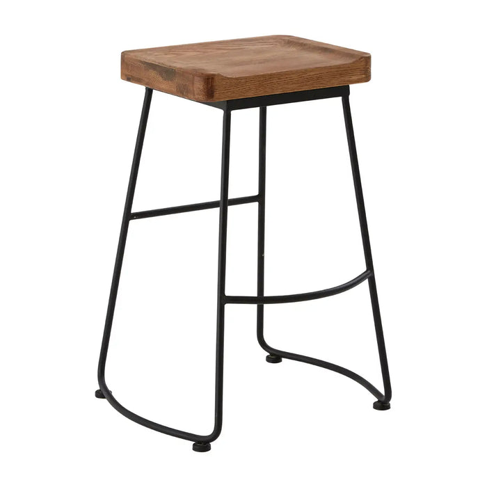 Solid Oak Wood Seat and Metal Black Iron Legs Bar Stool