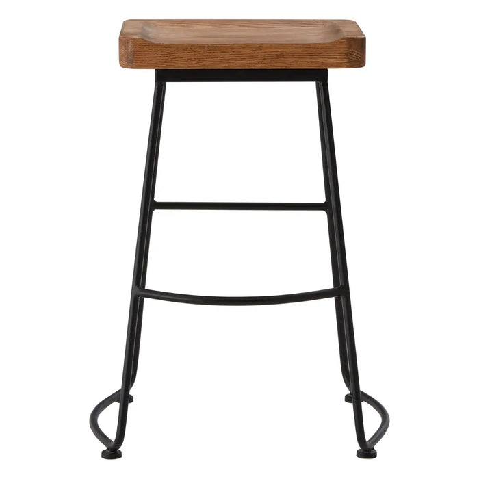 Solid Oak Wood Seat and Metal Black Iron Legs Bar Stool