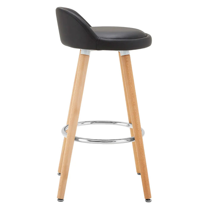 Curved Shaped Black Faux Leather Seat with Chrome and Beechwood Legs Bar Stool