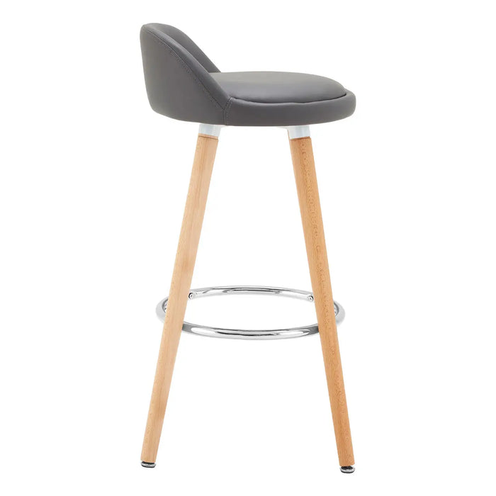 Curved Shaped Grey Faux Leather Seat with Chrome and Beechwood Legs Bar Stool