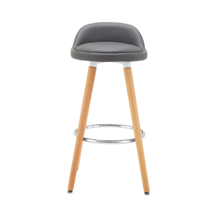 Curved Shaped Grey Faux Leather Seat with Chrome and Beechwood Legs Bar Stool