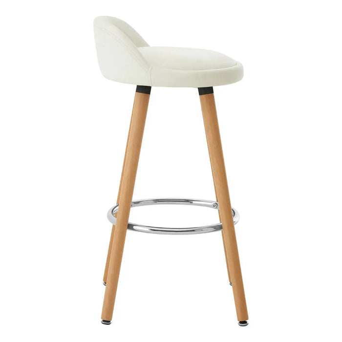 Curved Shaped White Faux Leather Seat with Chrome and Beechwood Legs Bar Stool