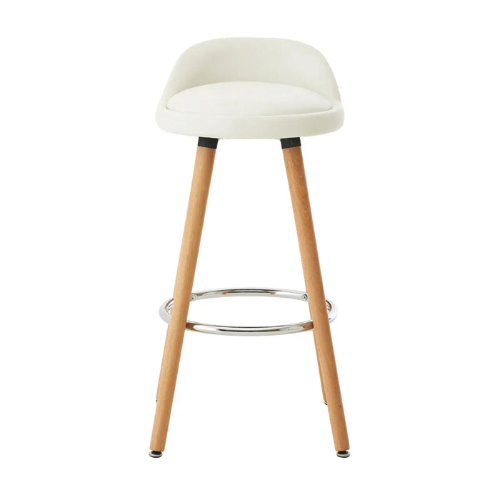 Curved Shaped White Faux Leather Seat with Chrome and Beechwood Legs Bar Stool