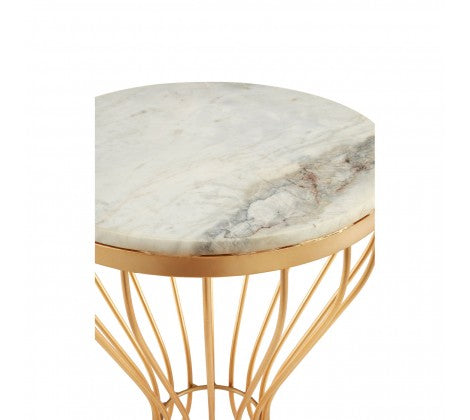 Templar White Marble and Gold Pinched Base Iron Side Table - Modern Home Interiors