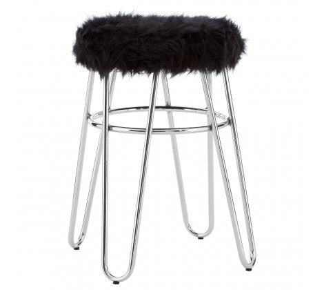 District Black Faux Fur & Chrome Stool - Modern Home Interiors