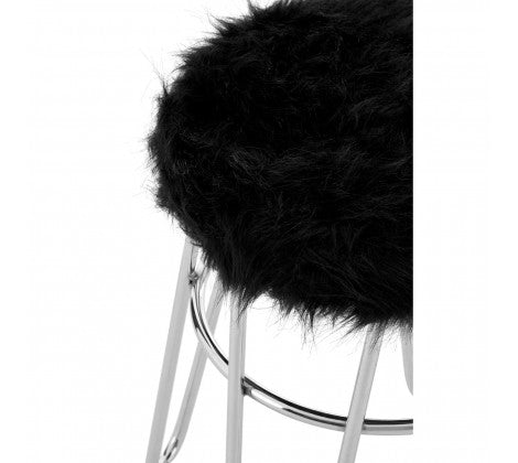 District Black Faux Fur & Chrome Stool - Modern Home Interiors