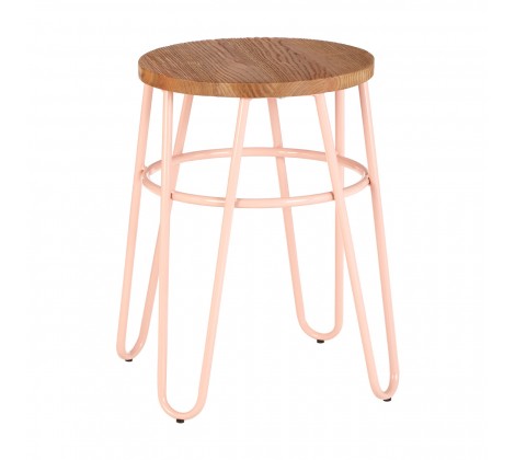 District Pink Metal & Elm Wood Hairpin Stool - Modern Home Interiors